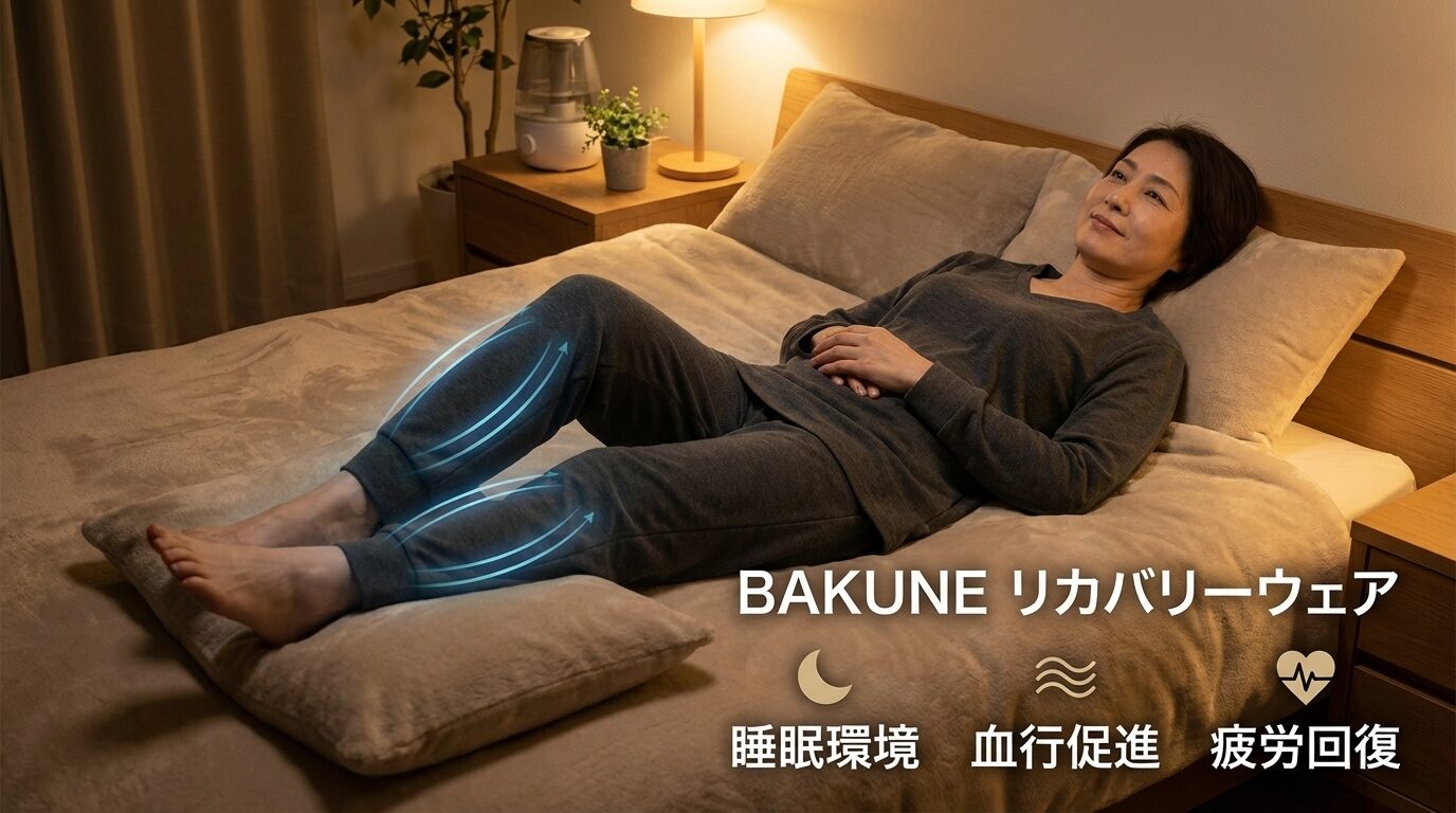 【夜中に足がつる人必見】リカバリーウェアBAKUNEで睡眠環境を整える方法|血行促進で疲労回復をサポート